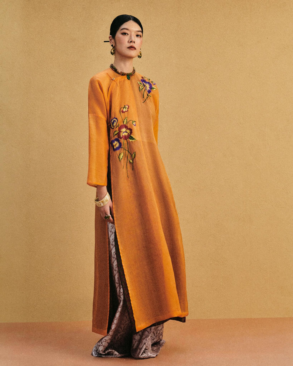 [Limited Edition] "Marigold Reverie" Luxury Ao-dai Set - Dual-layered Hand-Embroidered Organic Organza and Silk Ensemble