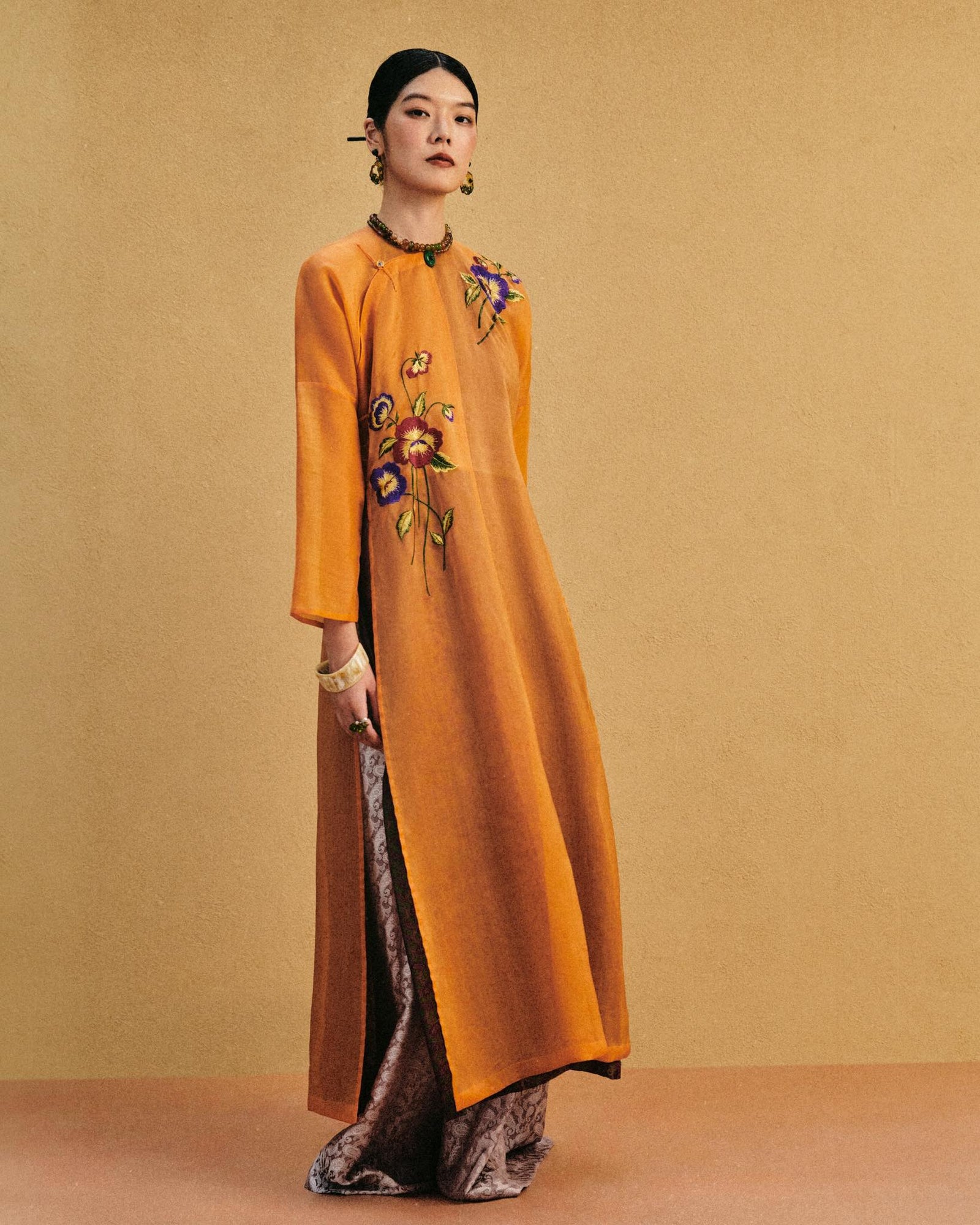 [Limited Edition] "Marigold Reverie" Luxury Ao-dai Set - Dual-layered Hand-Embroidered Organic Organza and Silk Ensemble