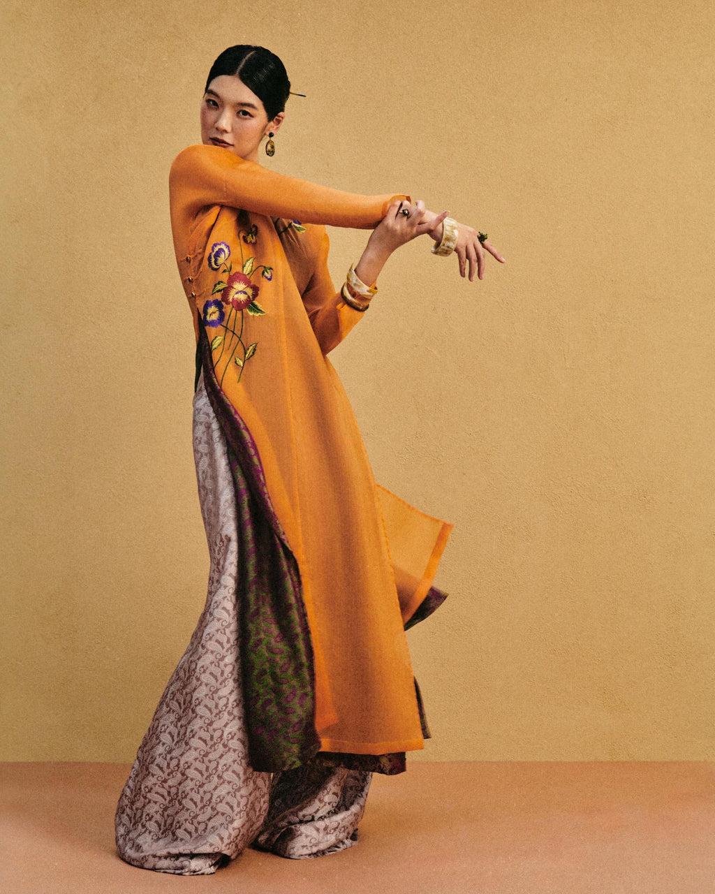[Limited Edition] "Marigold Reverie" Luxury Ao-dai Set - Dual-layered Hand-Embroidered Organic Organza and Silk Ensemble