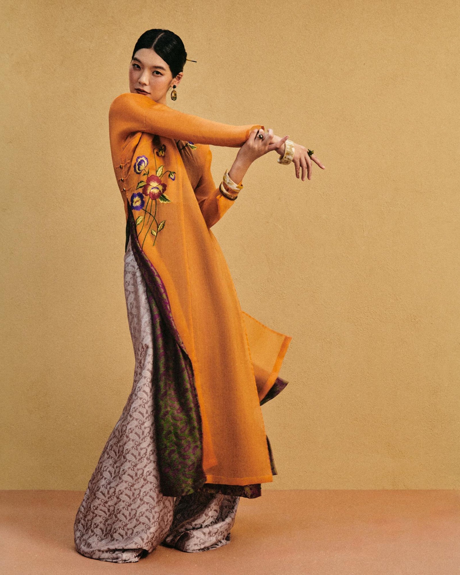 [Limited Edition] "Marigold Reverie" Luxury Ao-dai Set - Dual-layered Hand-Embroidered Organic Organza and Silk Ensemble
