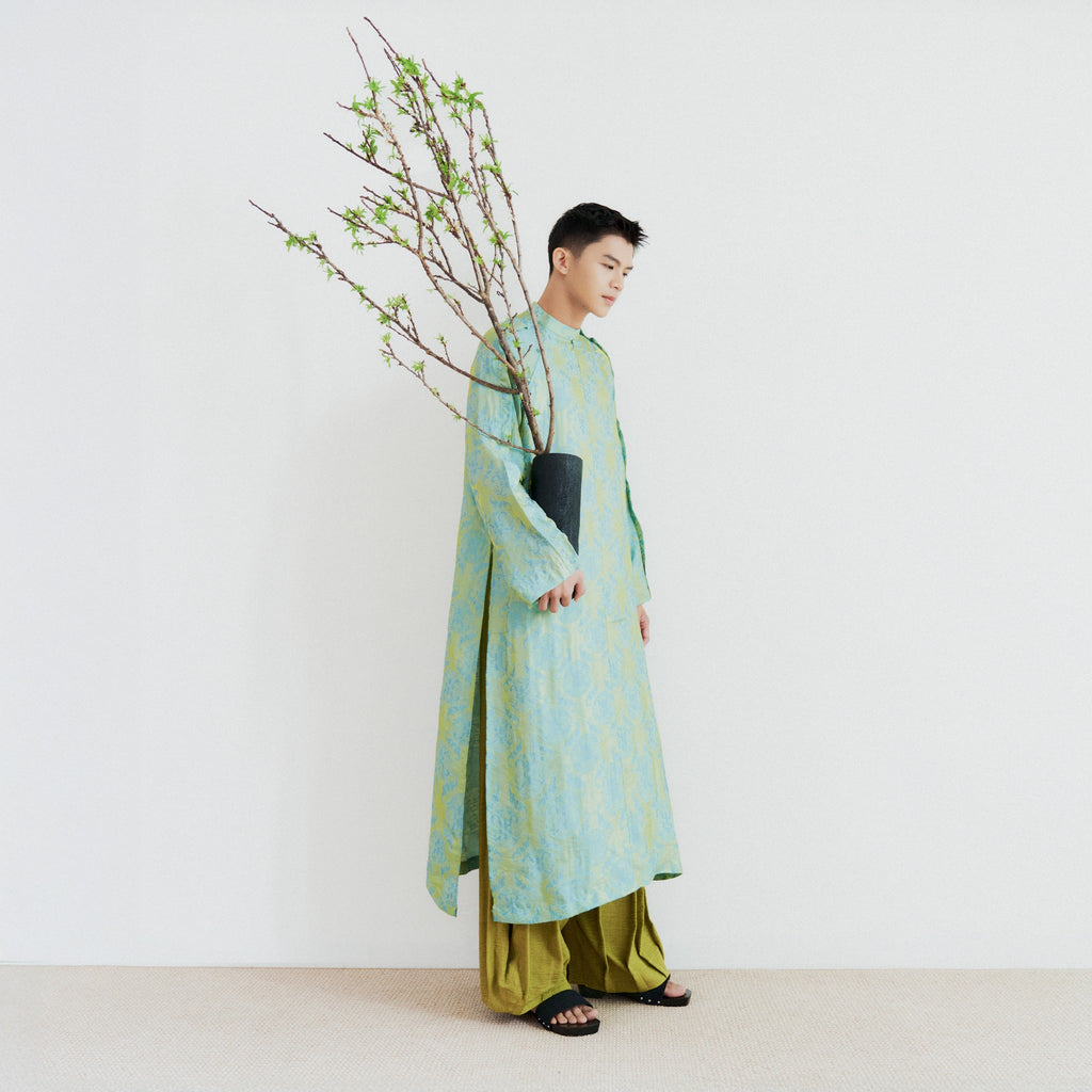 Biec Men’s Áo Dài Set - Tencel Silk in Loc Tho pattern with raw-silk pants - side profile by Lalin