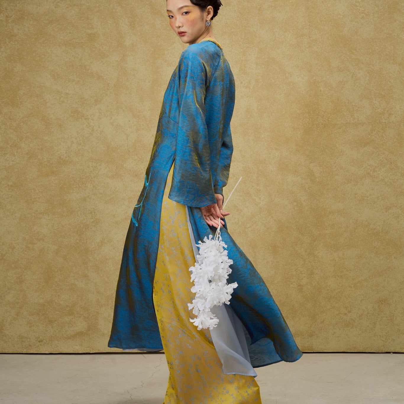 Vietnamese Ao Dai - Luu Ly Ao Dai Set - Hangzhou Tencel Silk with Embroidery in Cobalt - side profile in blue by SY Design