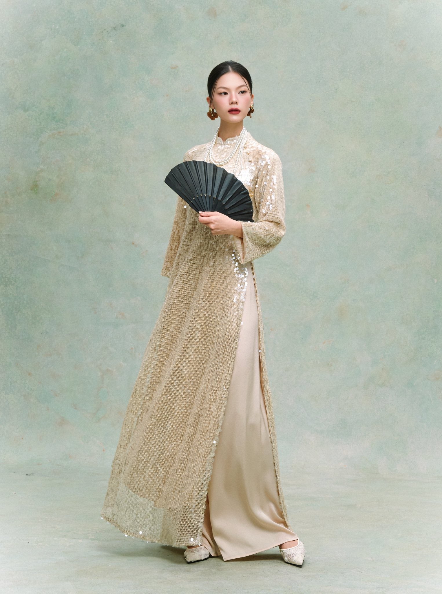 "Moc Nhien" Áo Dài Set - Sequin Ao dai in Champagne