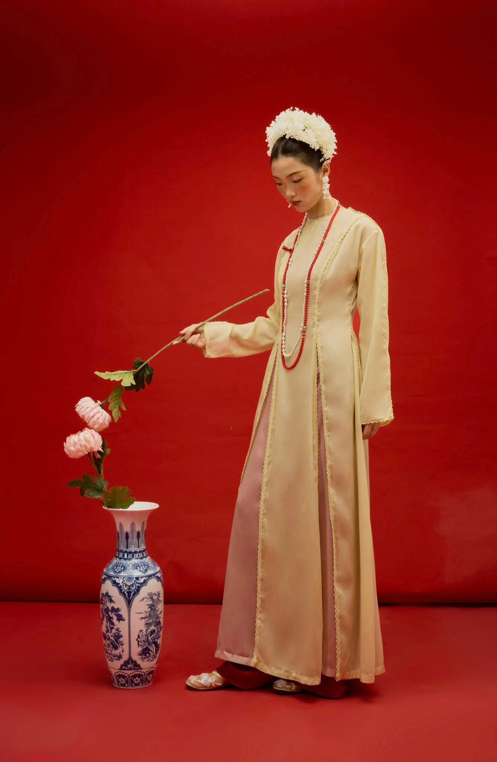 Thuy Tien Ao Dai Set - Triple-layered Chiffon with Scalloped Split Edge - front view by SY Design