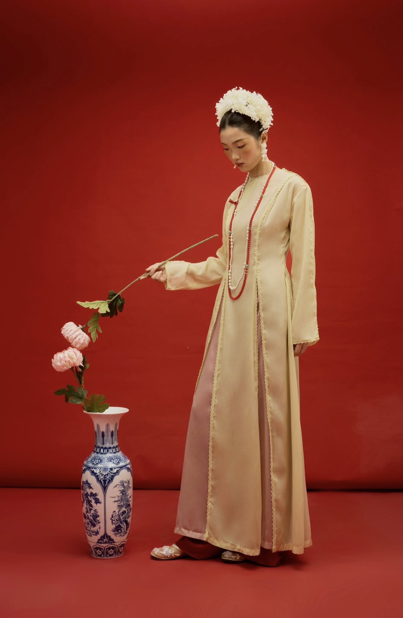 Thuy Tien Ao Dai Set - Triple-layered Chiffon with Scalloped Split Edge - front view by SY Design