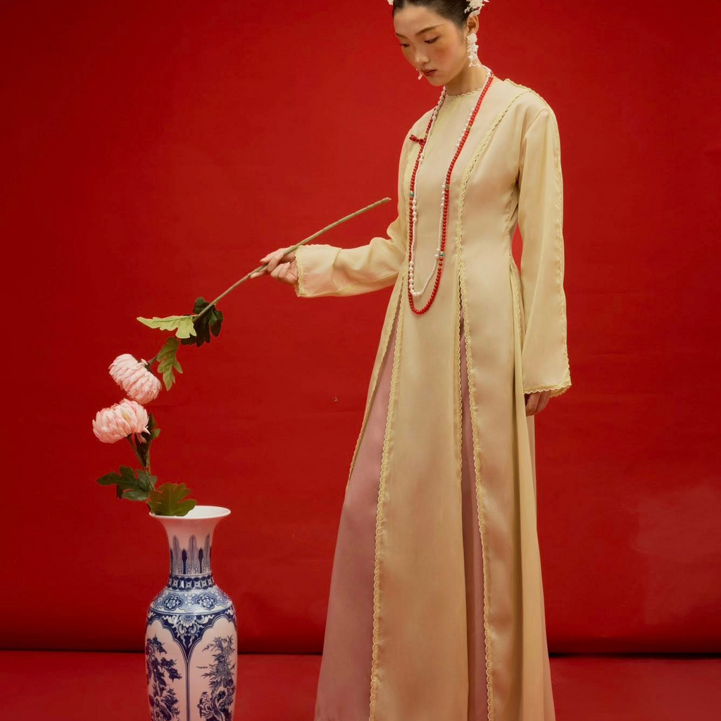 Thuy Tien Ao Dai Set - Triple-layered Chiffon with Scalloped Split Edge - front view by SY Design