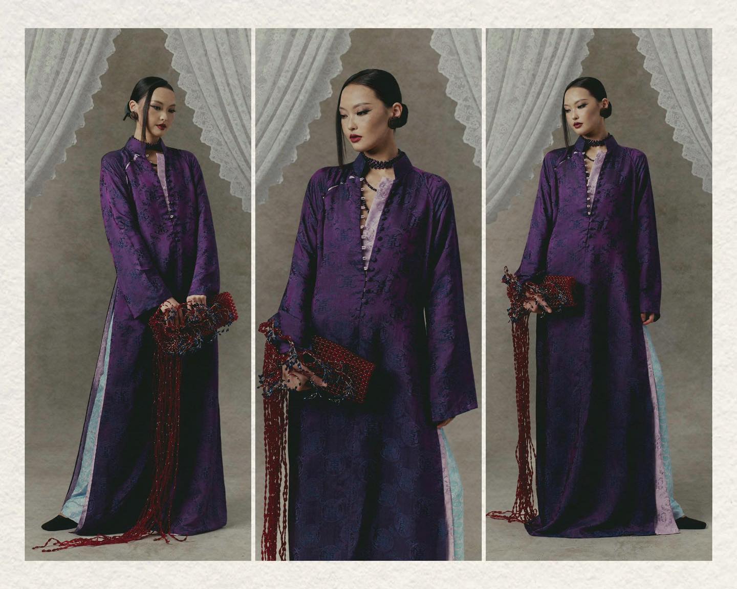 Phu Ba Heritage Ao-dai Set – Double-Panelled Wormsilk with Sculpted Front Cut - three-quarter angle by H2B a la Mode