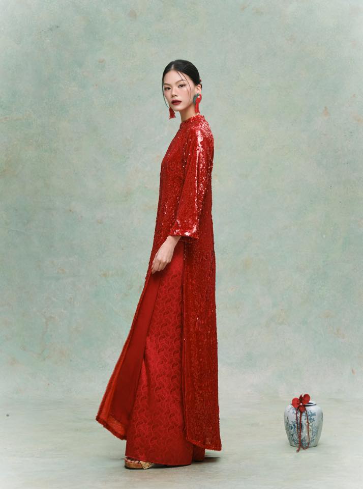 Vietnamese Ao Dai - Diệu Minh Áo Dài Set - Sequin Ao dai - side profile in brocade in red by HOIVU