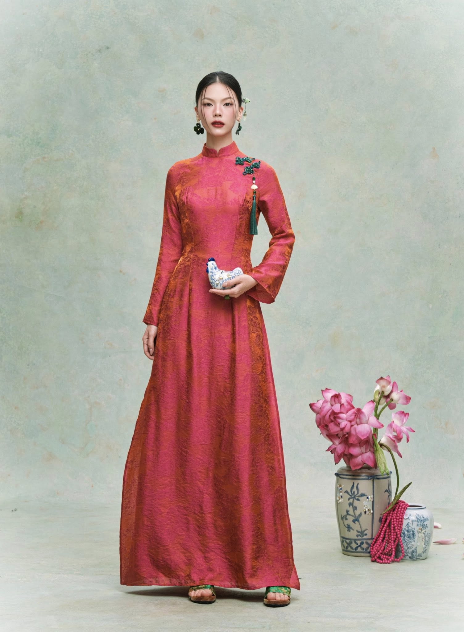 "Minh Ngọc" Ao-dai Set - Double-Layer Tencel Silk in Rosy Vermilion