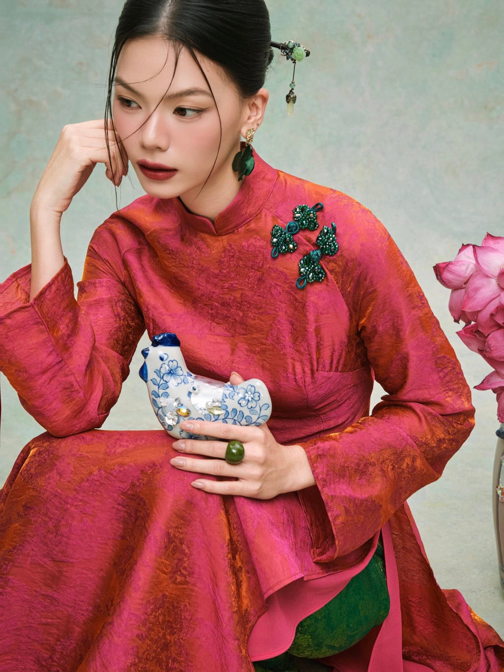 Vietnamese Ao Dai - Minh Ngọc Ao-dai Set - Double-Layer Tencel Silk in Rosy Vermilion - front view in red by HOIVU