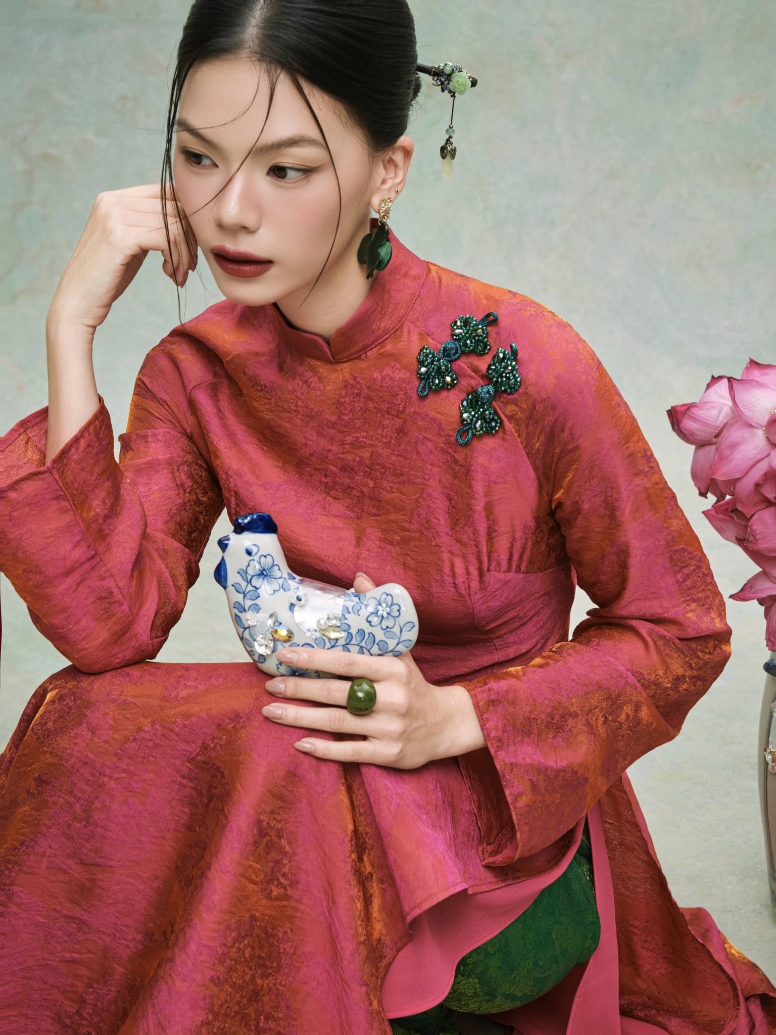 "Minh Ngọc" Ao-dai Set - Double-Layer Tencel Silk in Rosy Vermilion