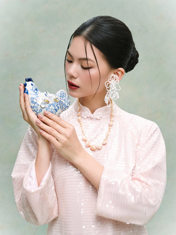 Vietnamese Ao Dai - Nhien Minh Áo Dài Set - Sequin Ao dai in Pastel Pink - front view in organza in pink by HOIVU
