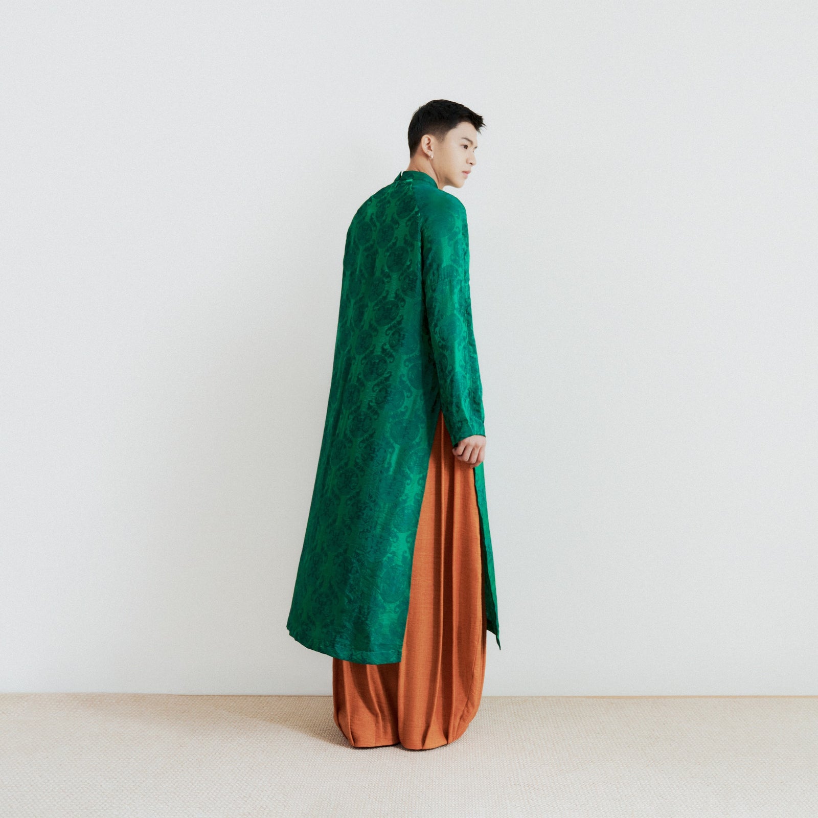 La Men’s Áo Dài Set - Tencel Silk in Loc Tho pattern with raw-silk pants - side profile by Lalin