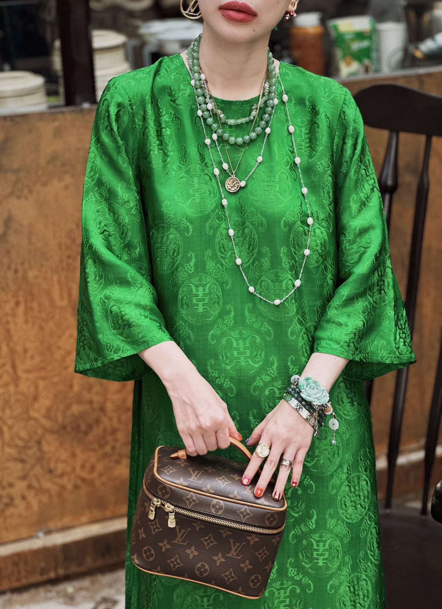 Traditional Motif - “Liên Hoa Thanh Tâm” – Carved Jade Lotus Bracelet - worn presentation in green by HI de Maison