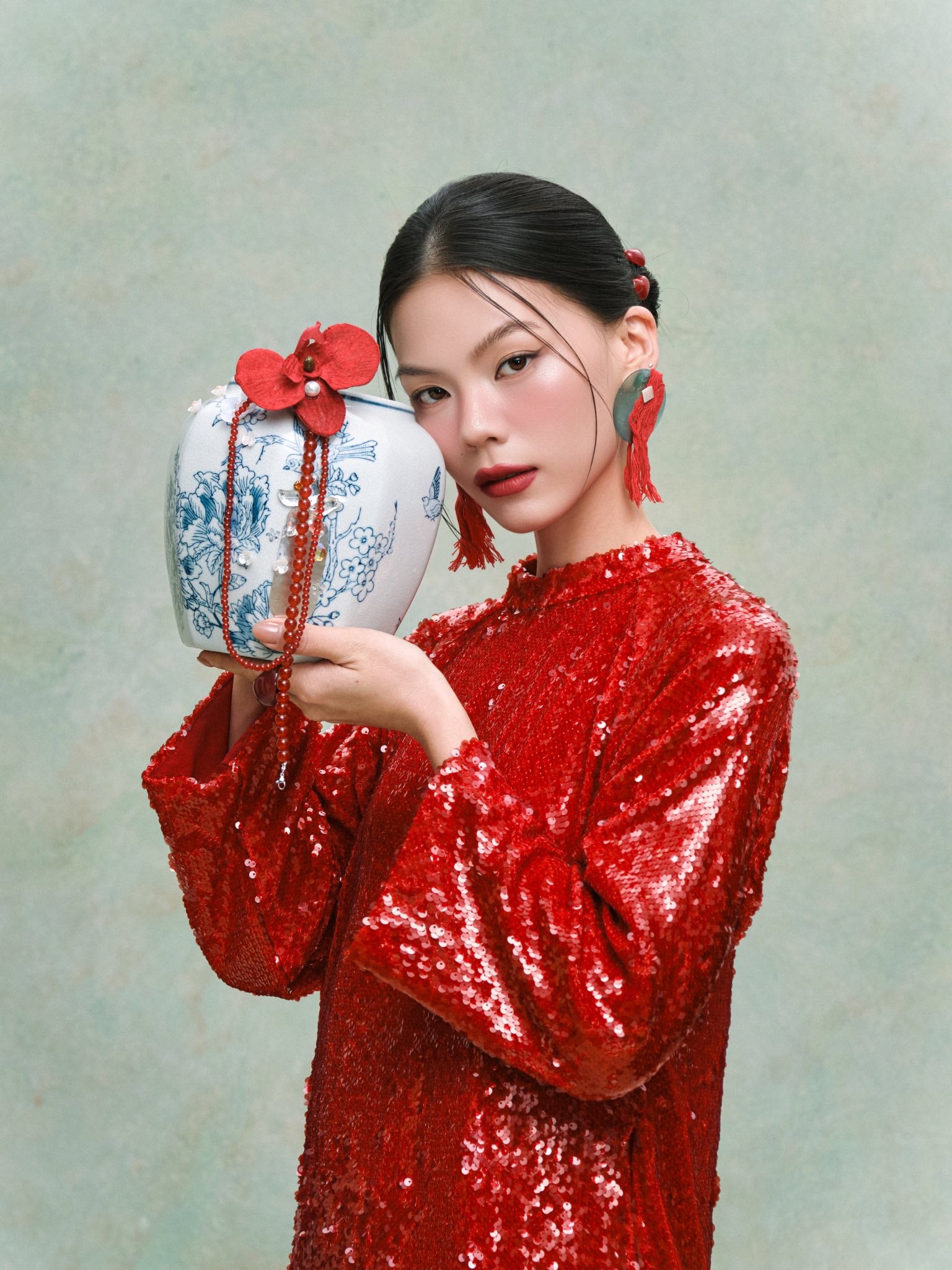 Vietnamese Embroidery - Diệu Minh Áo Dài Set - Sequin Ao dai - front view in sequined in red by HOIVU