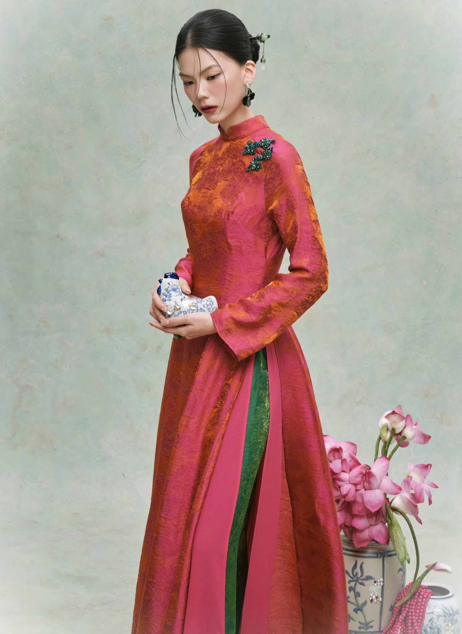 "Minh Ngọc" Ao-dai Set - Double-Layer Tencel Silk in Rosy Vermilion