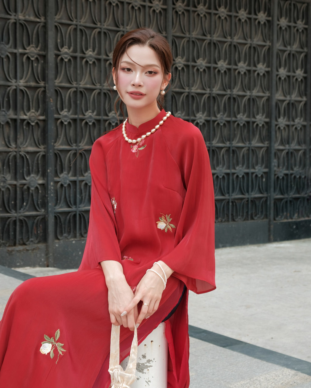Vietnamese Ao Dai - Xuan Diep Ao-dai Set – Embroidered Silk Áo Dài - front view in burgundy by Moc