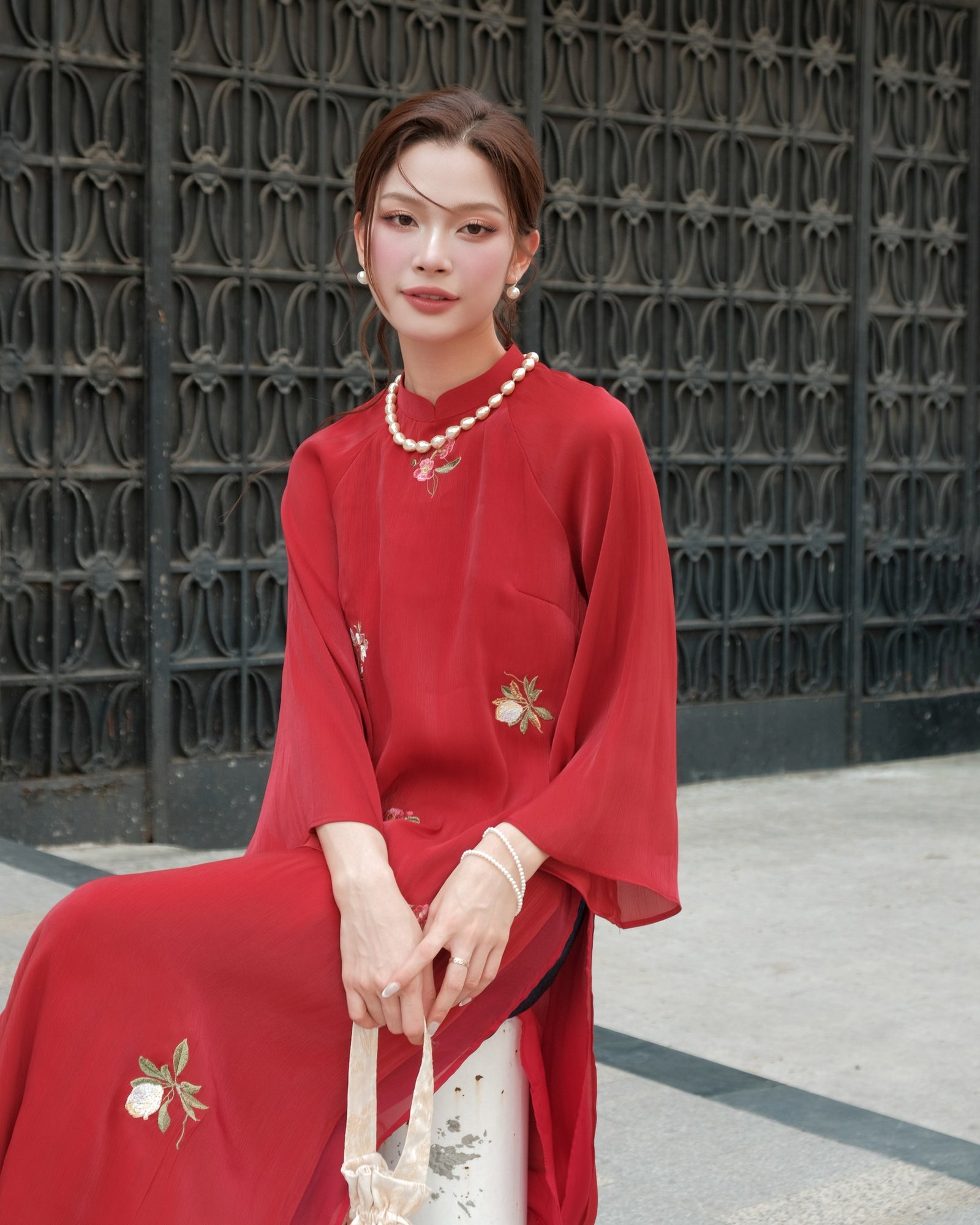 Vietnamese Ao Dai - Xuan Diep Ao-dai Set – Embroidered Silk Áo Dài - front view in burgundy by Moc