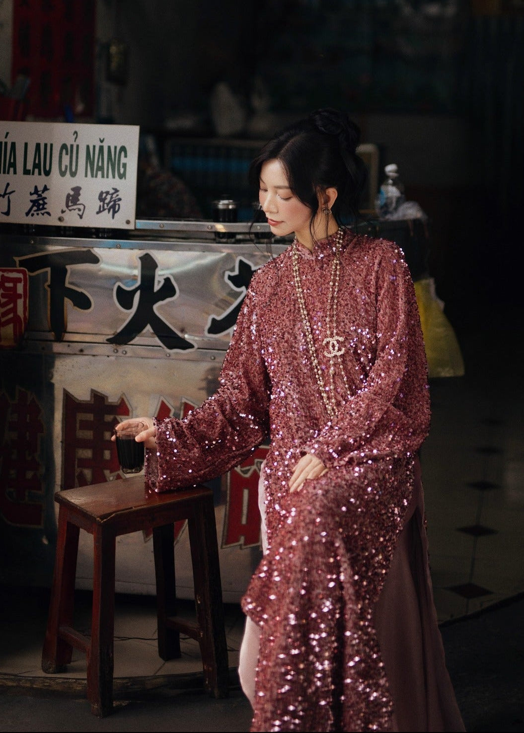 Hanh Nguyen Ao dai set – Rosewood Sequin on Velvet - styled presentation by Esmere Studio