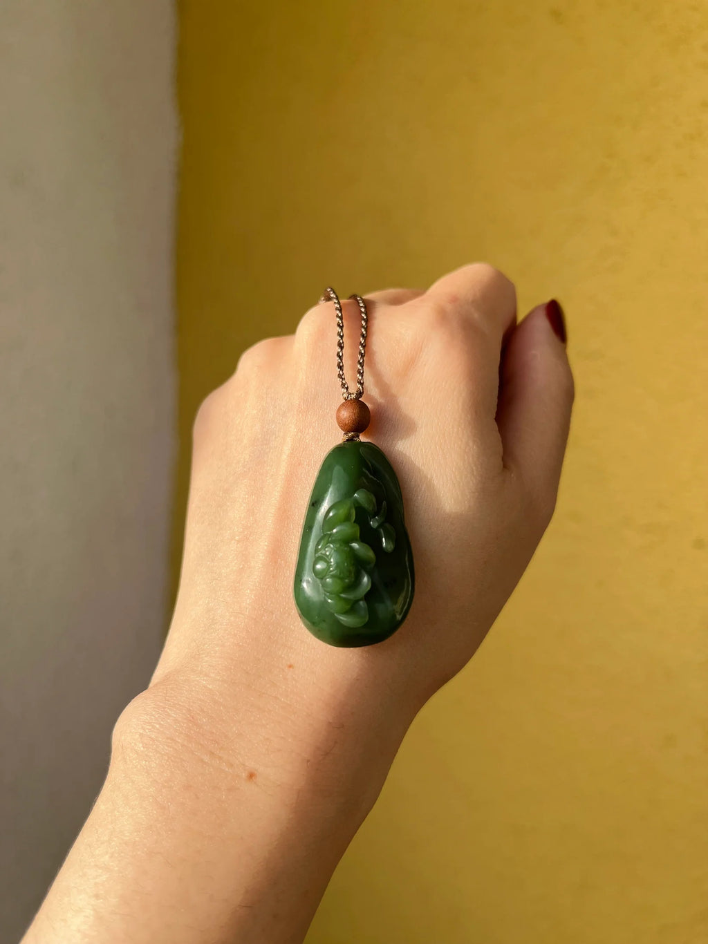 “Eden Whisper” – Green Hetian Jade Lotus & Dragonfly Pendant - detail close-up in green by L'Orient Haus