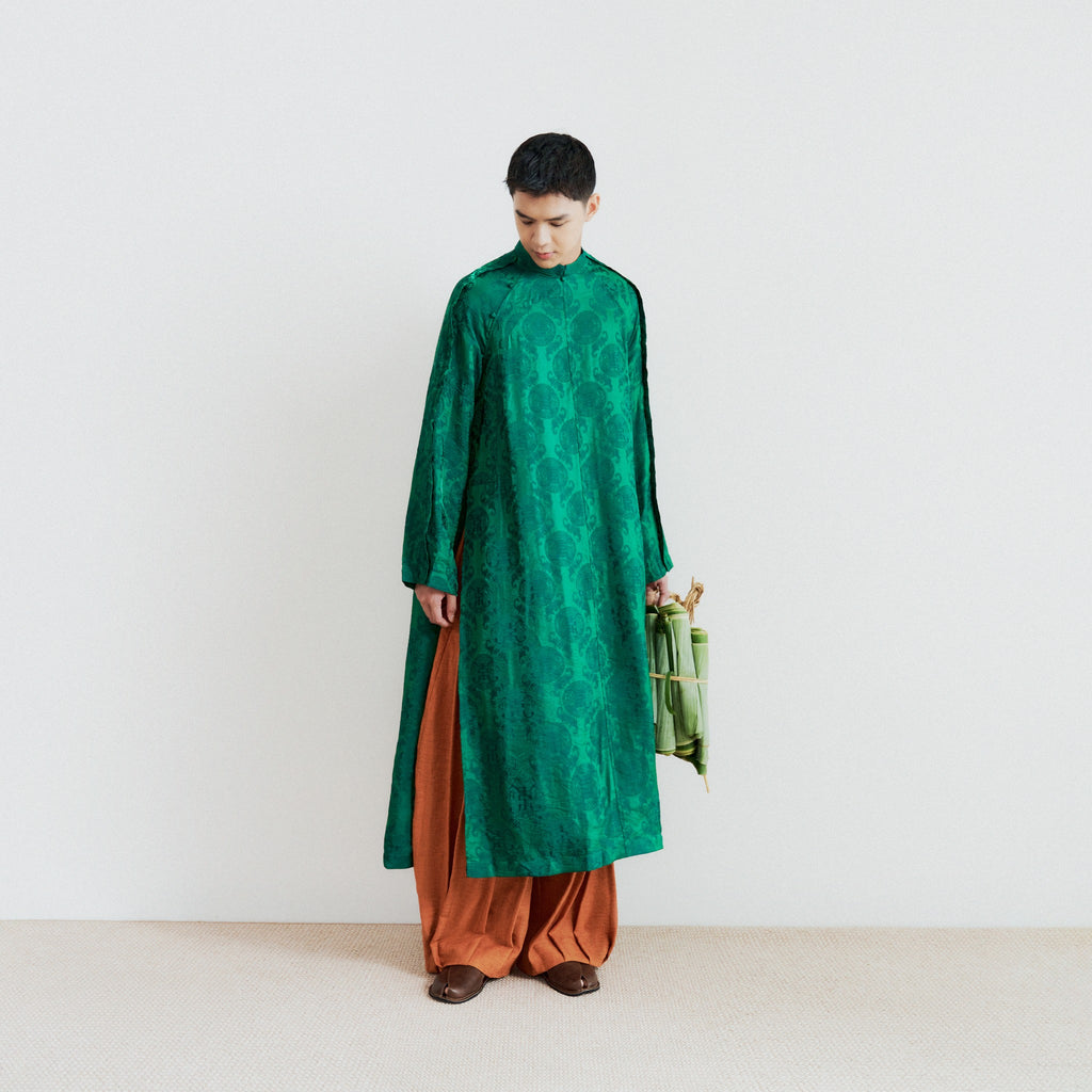 La Men’s Áo Dài Set - Tencel Silk in Loc Tho pattern with raw-silk pants - front view by Lalin