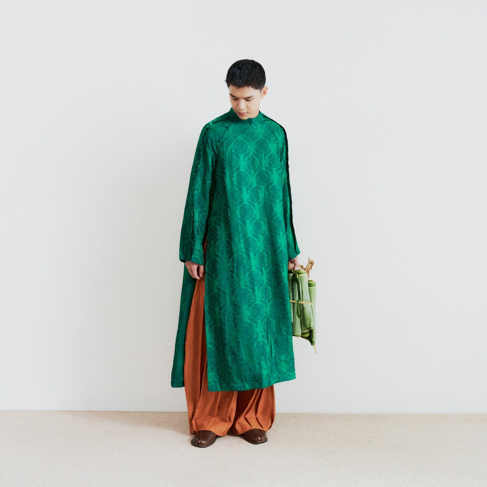 La Men’s Áo Dài Set - Tencel Silk in Loc Tho pattern with raw-silk pants - front view by Lalin