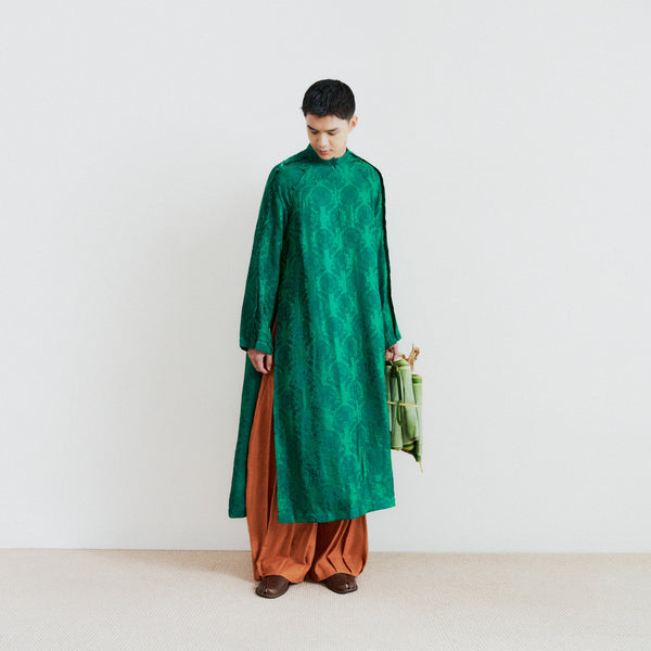La Men’s Áo Dài Set - Tencel Silk in Loc Tho pattern with raw-silk pants - front view by Lalin
