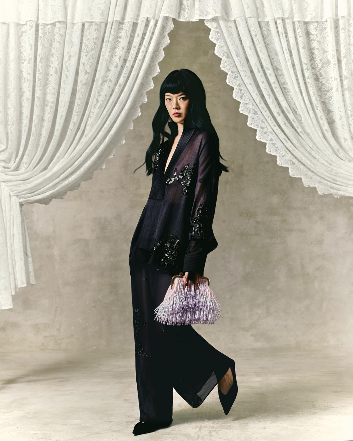 "Ba Bar Heritage" Modernized Bà Ba Set - Luxury Sequined Chiffon & Pleated Silk in Black