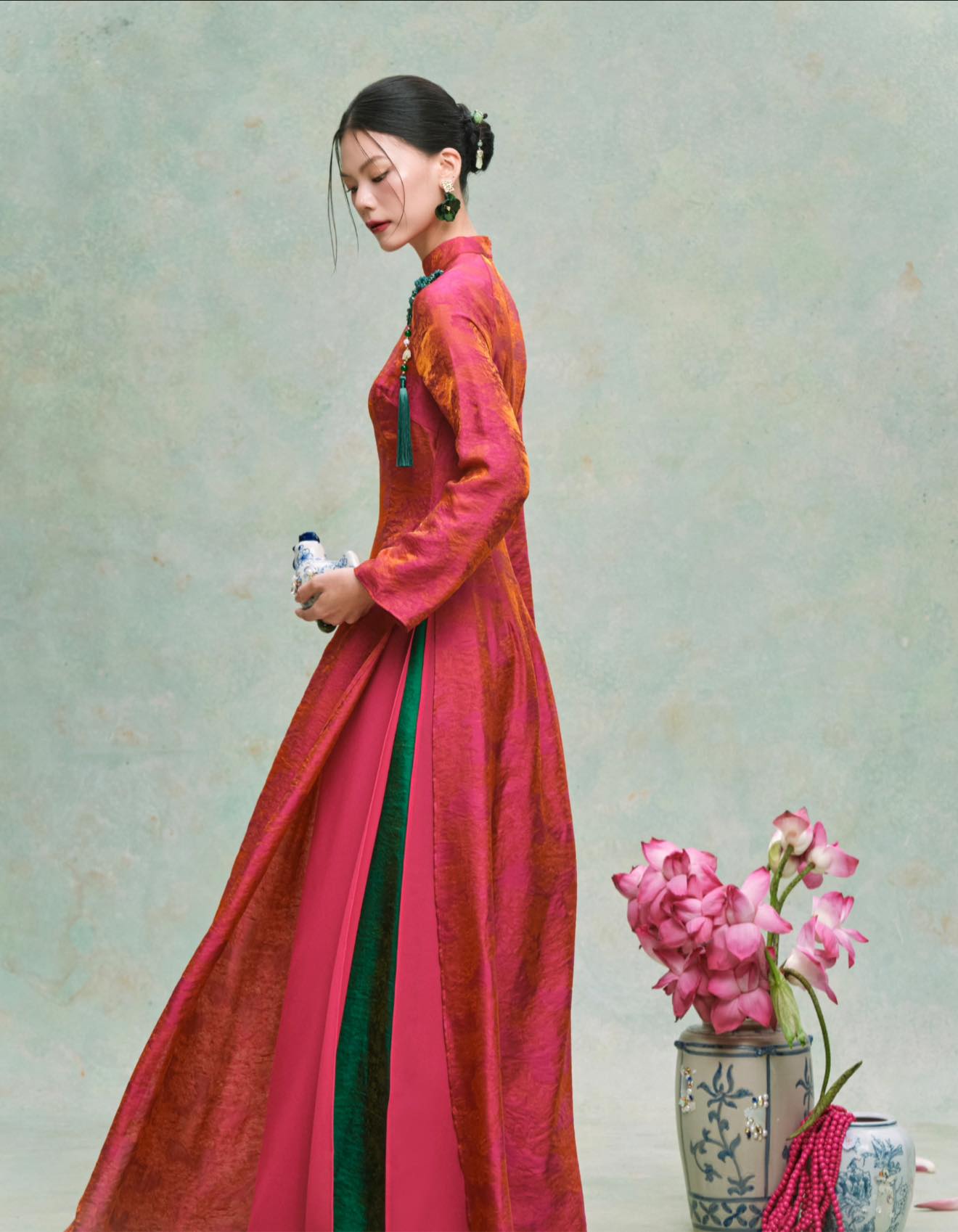 "Minh Ngọc" Ao-dai Set - Double-Layer Tencel Silk in Rosy Vermilion