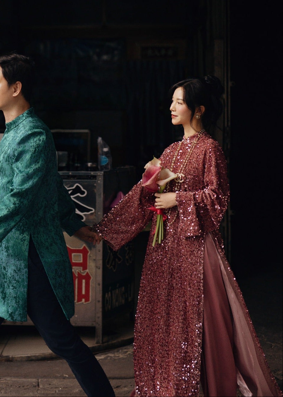 Hanh Nguyen Ao dai set – Rosewood Sequin on Velvet - styled presentation by Esmere Studio