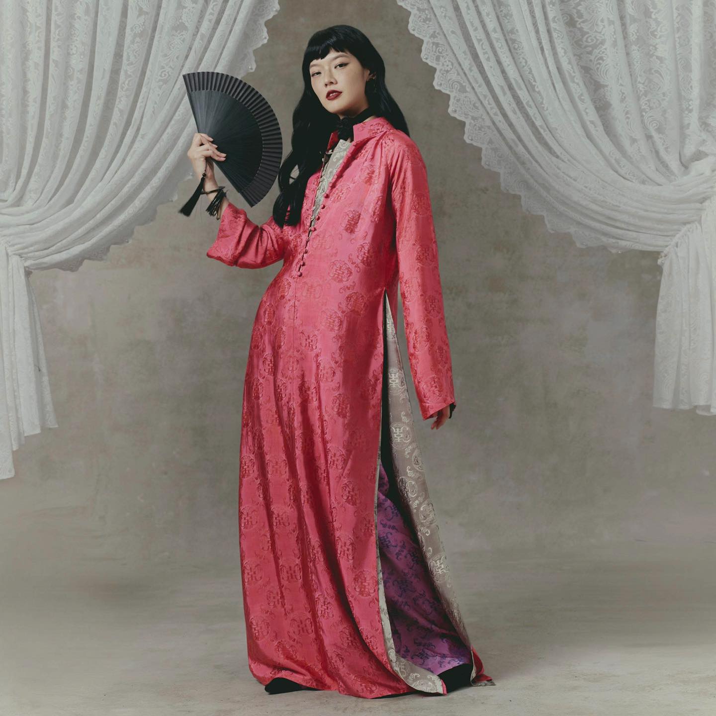 Phu Ba Heritage Ao-dai Set – Double-Panelled Wormsilk with Sculpted Front Cut - front view by H2B a la Mode