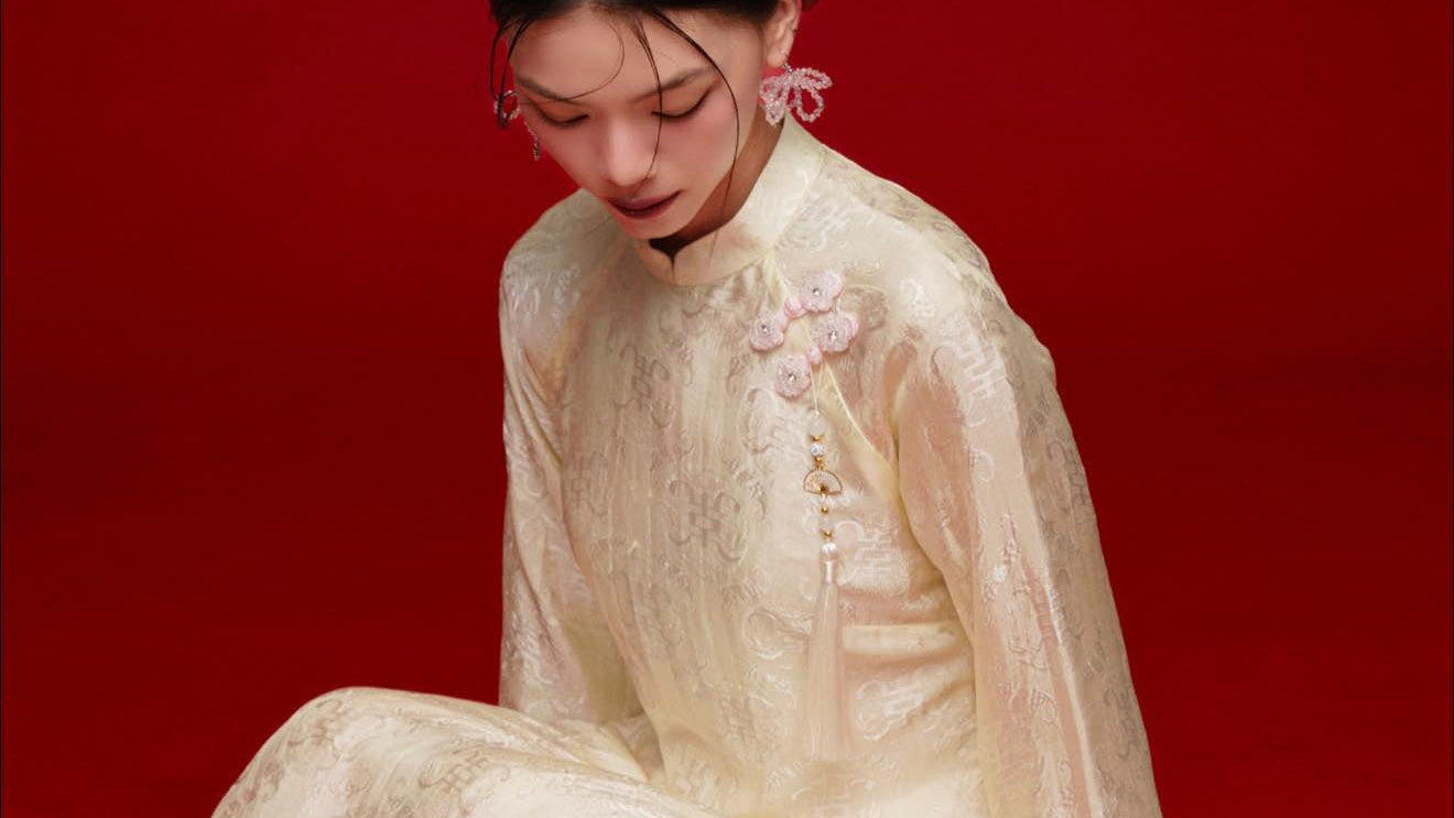 Vietnamese Ao Dai - Mai Châu Áo Dài Set - Silk & Sequined layers - front view in beige by HOIVU