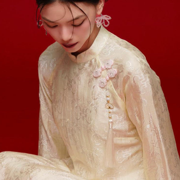 Vietnamese Ao Dai - Mai Châu Áo Dài Set - Silk & Sequined layers - front view in beige by HOIVU