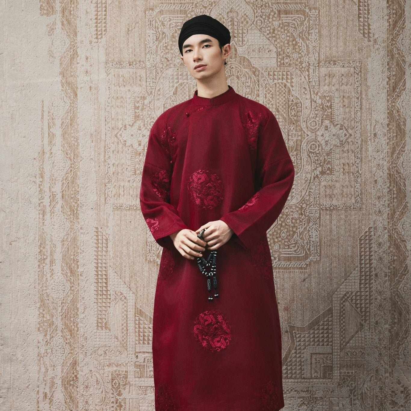 Vietnamese Embroidery - GIA LONG – Men’s Organza Áo Dài in Bordeaux Red - front view in velvet in red by Maison LONG
