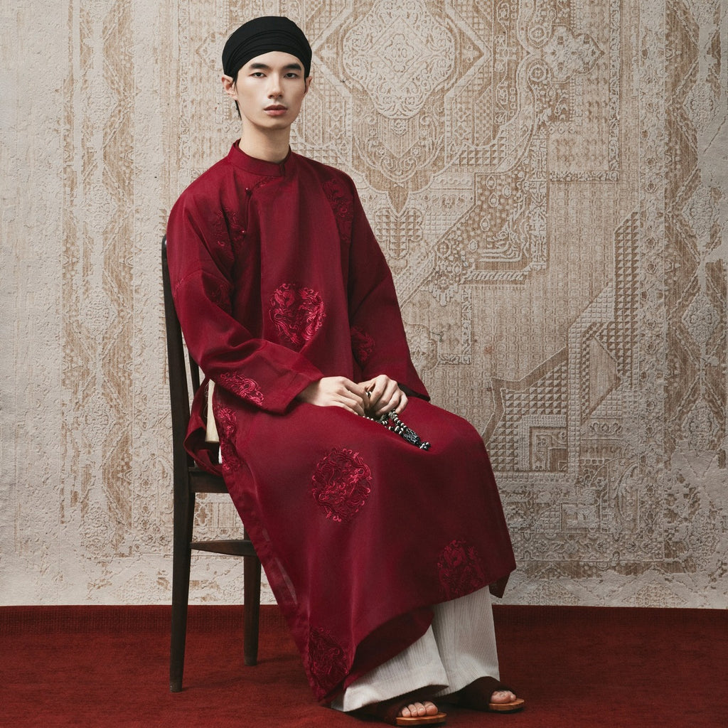Vietnamese Embroidery - GIA LONG – Men’s Organza Áo Dài in Bordeaux Red - front view in velvet in red by Maison LONG