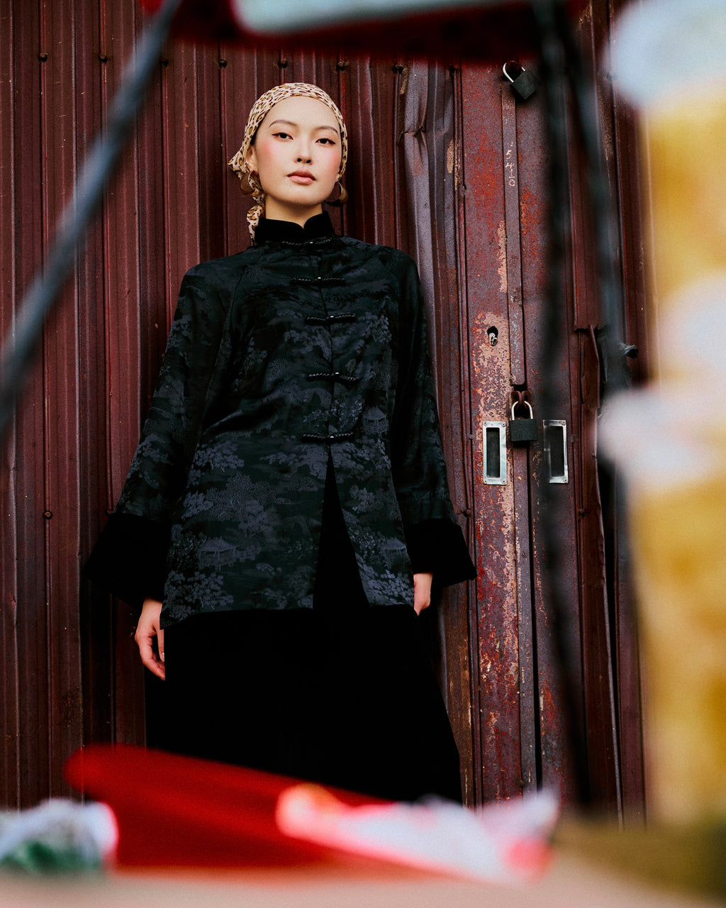 Vietnamese Ao Dai - My Nhung - Velvet Top in Charcoal Gray - front view by Bonjour