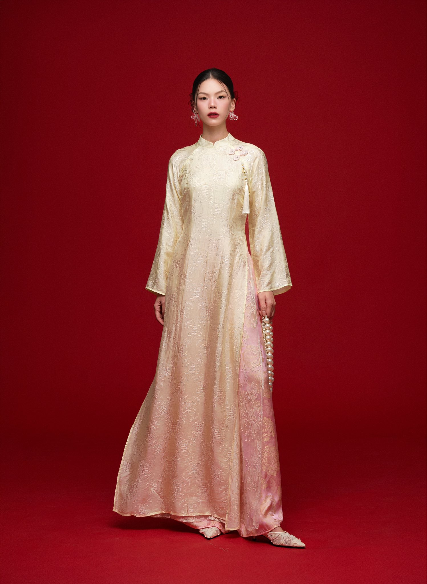 Vietnamese Ao Dai - Mai Châu Áo Dài Set - Silk & Sequined layers - front view in beige by HOIVU
