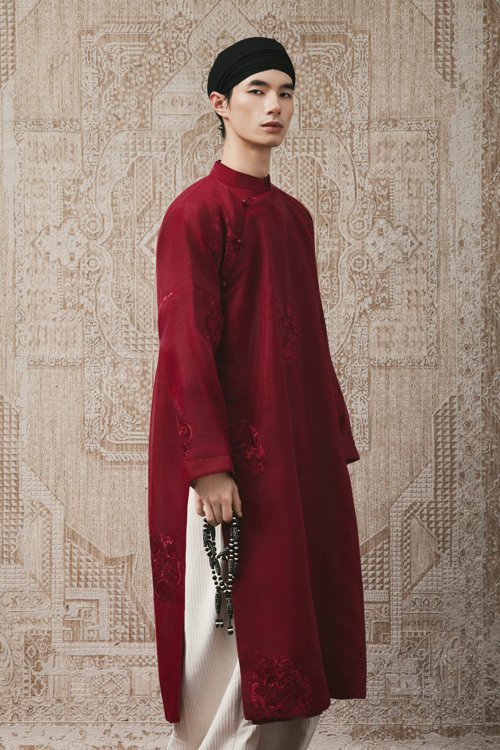 Vietnamese Ao Dai - GIA LONG – Men’s Organza Áo Dài in Bordeaux Red - side profile in silk in red by Maison LONG