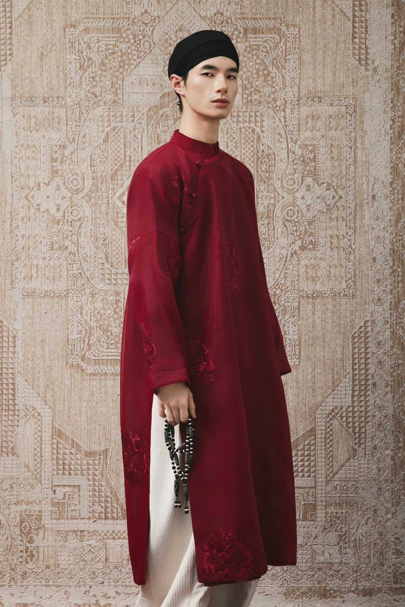 Vietnamese Ao Dai - GIA LONG – Men’s Organza Áo Dài in Bordeaux Red - side profile in silk in red by Maison LONG