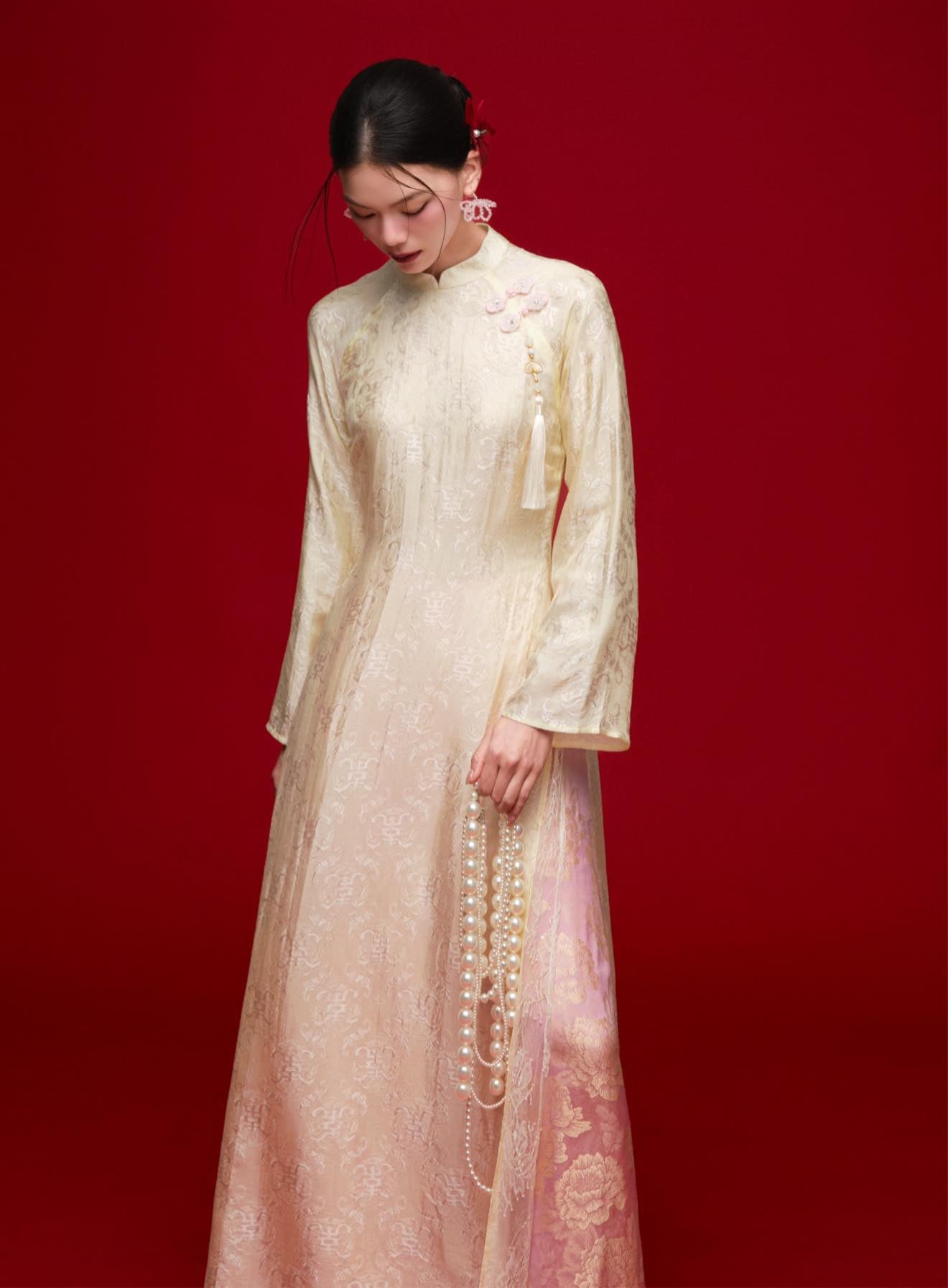Vietnamese Ao Dai - Mai Châu Áo Dài Set - Silk & Sequined layers - front view in beige by HOIVU