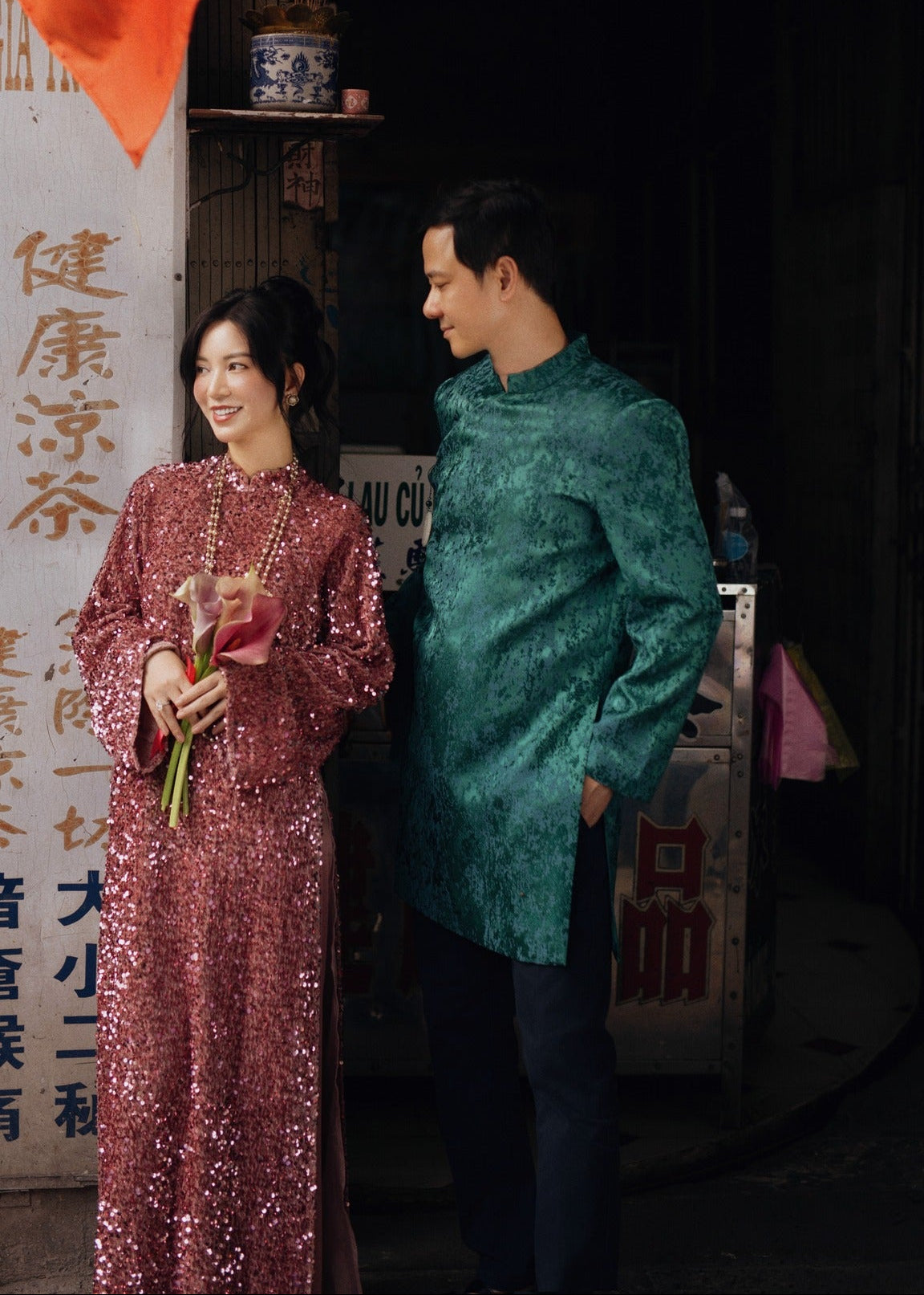 Vietnamese Ao Dai - Hanh Nguyen Ao dai set – Rosewood Sequin on Velvet - styled presentation in pink by Esmere Studio