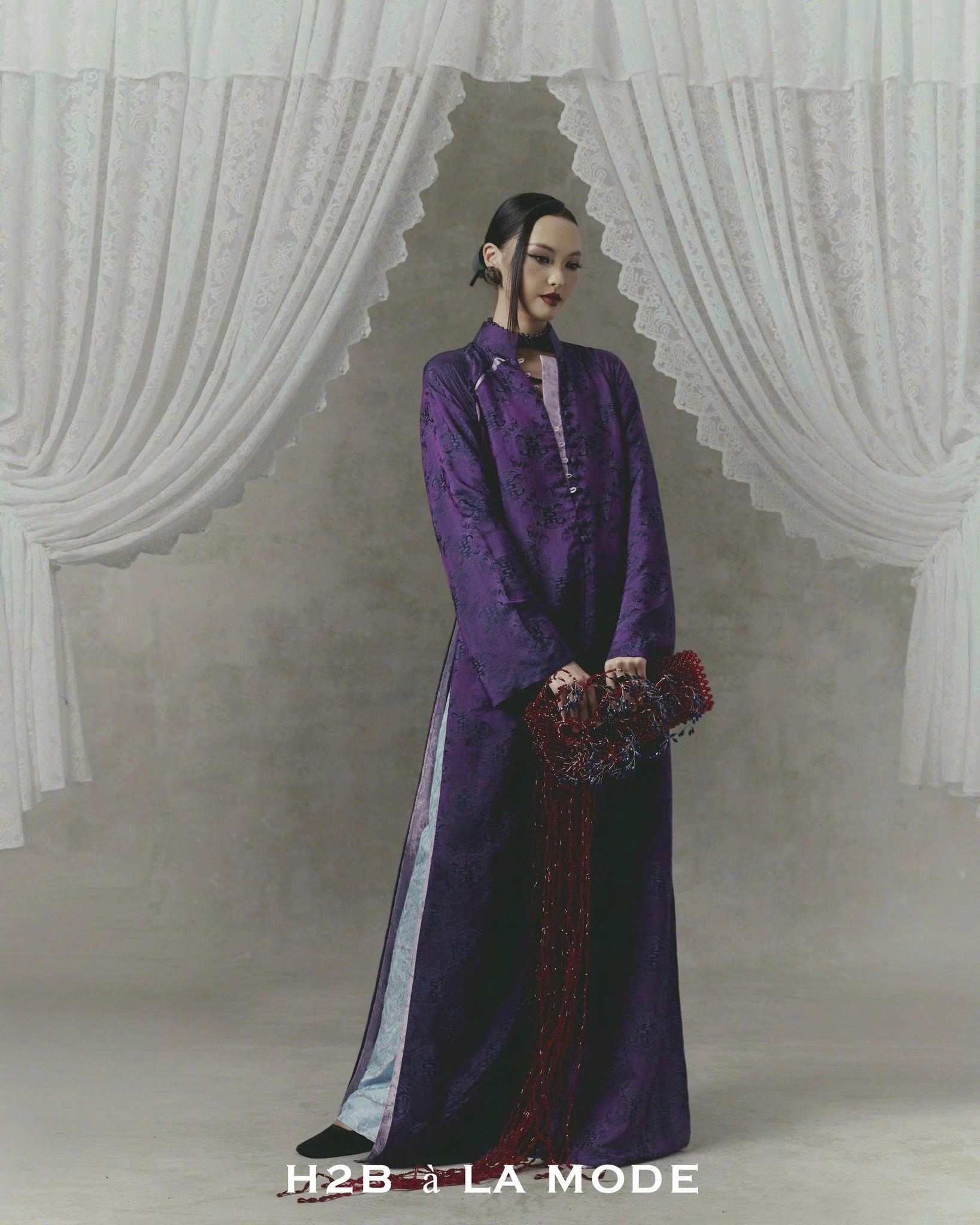 Phu Ba Heritage Ao-dai Set – Double-Panelled Wormsilk with Sculpted Front Cut - front view by H2B a la Mode