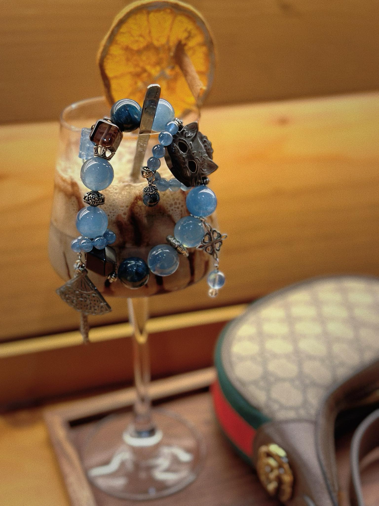 Vietnamese Silver - “Lam Nguyệt Minh” – Designer's Precious Stone Serenity Bracelet - detail close-up in blue by HI de Maison