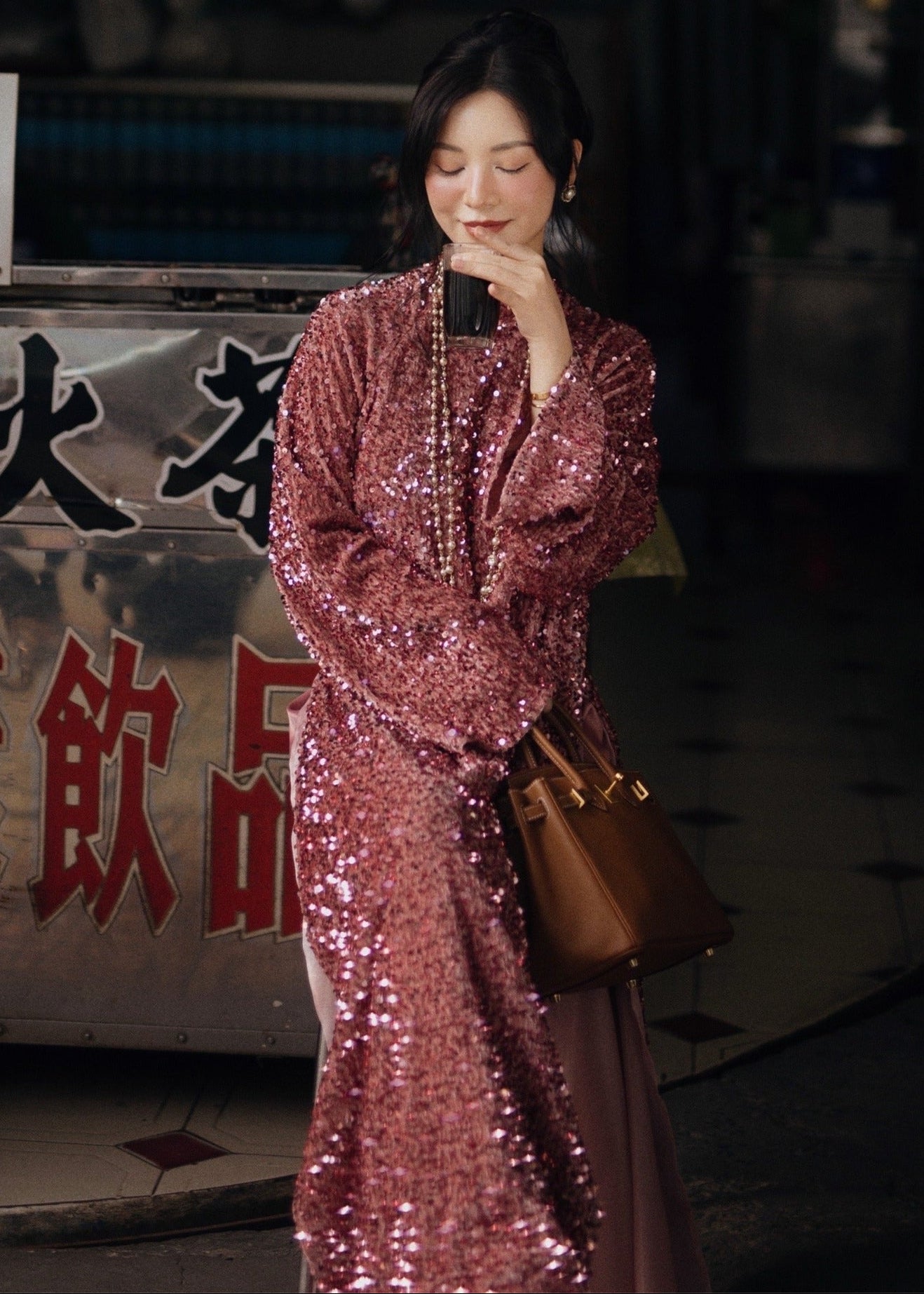Hanh Nguyen Ao dai set – Rosewood Sequin on Velvet - styled presentation in sequined fabric in pink by Esmere Studio
