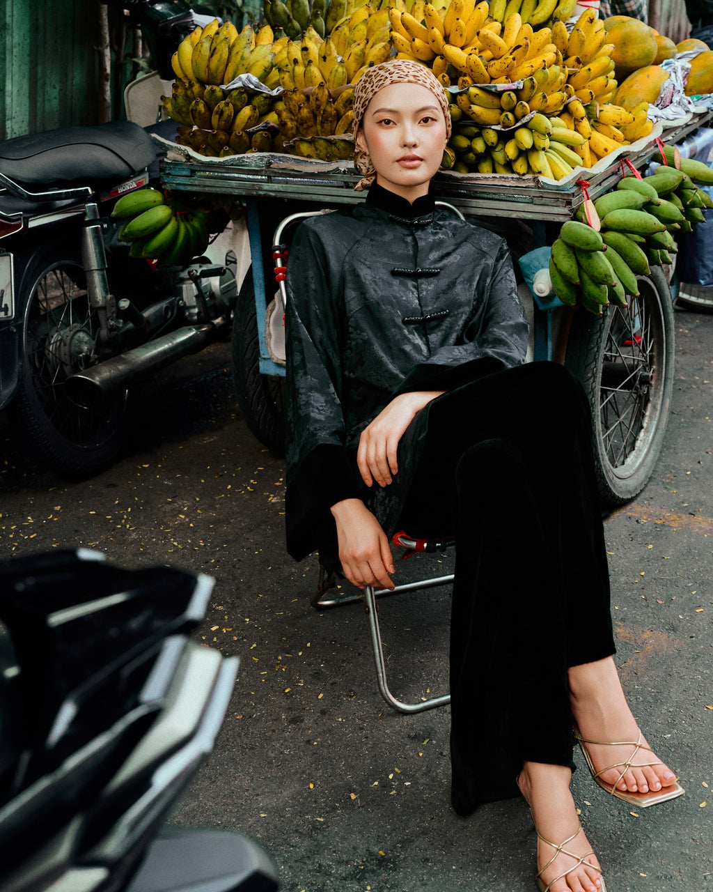 Vietnamese Ao Dai - My Nhung - Velvet Top in Charcoal Gray - styled presentation in silk in dark grey by Bonjour