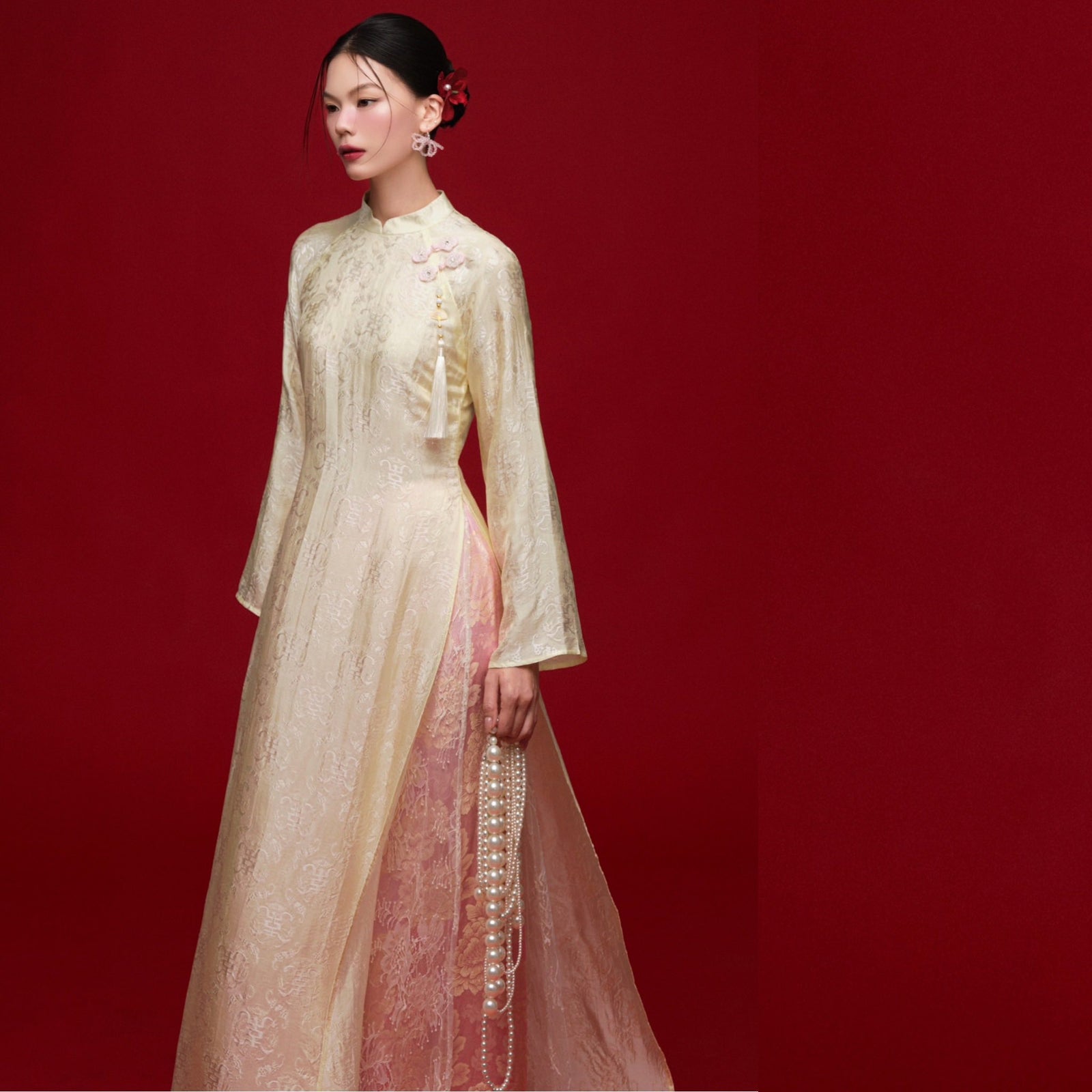 Vietnamese Ao Dai - Mai Châu Áo Dài Set - Silk & Sequined layers - side profile in beige by HOIVU
