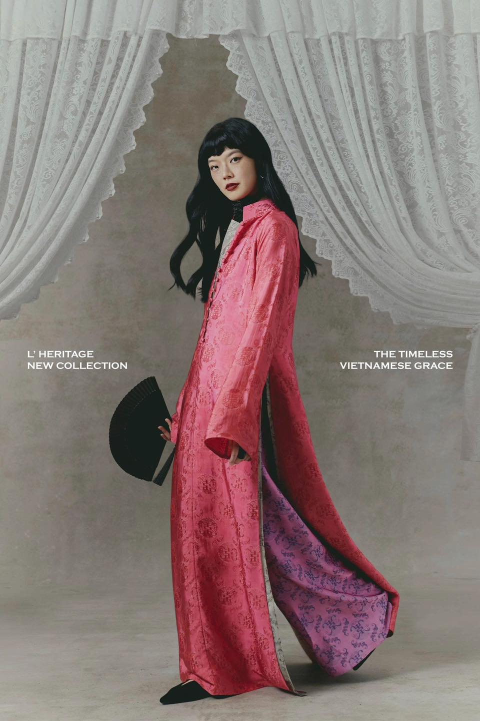 Phu Ba Heritage Ao-dai Set – Double-Panelled Wormsilk with Sculpted Front Cut - side profile by H2B a la Mode