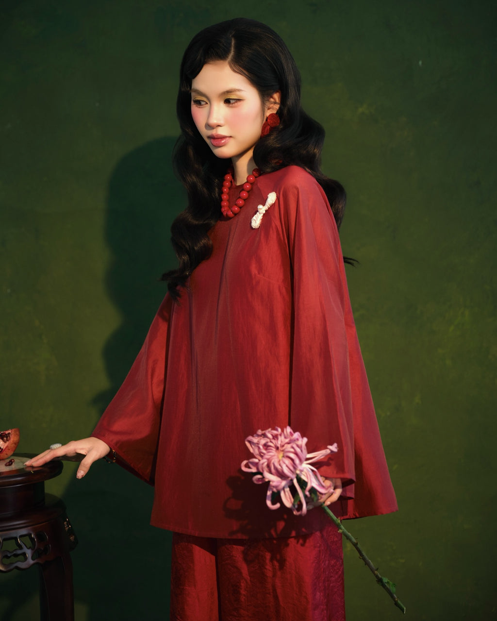 Vietnamese Ao Dai - Moc Tra Bà Ba Set - Tencel in Crimson - three-quarter angle in silk in red by Garderobe