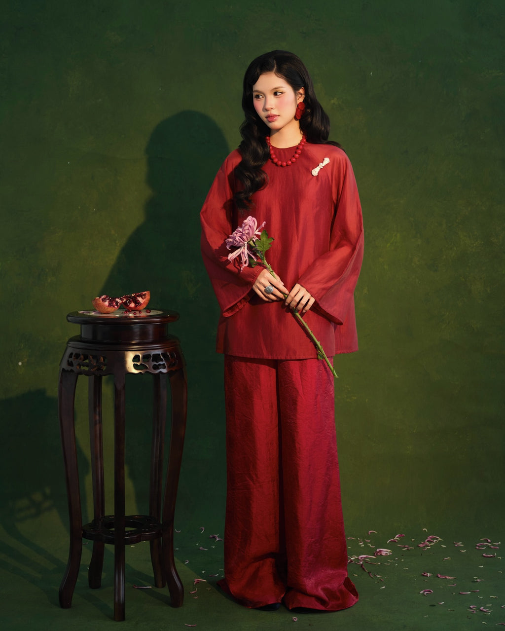 Vietnamese Ao Dai - Moc Tra Bà Ba Set - Tencel in Crimson - front view in silk in red by Garderobe