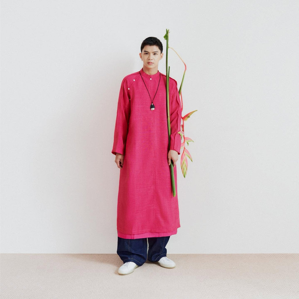 "Phao" Men’s Áo Dài Top - Raw-linen in Lotus Fuchsia